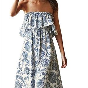 Blue and white bohemian strapless maxi